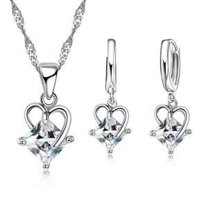 ❤️ NEW 💎 925 Sterling Silver Earrings And Necklace Set Heart Shape